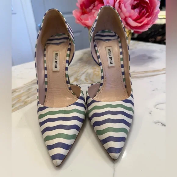 Miu Miu Multicolor Stripe Pointed Toe Pumps Green Heel - Picture 2 of 6